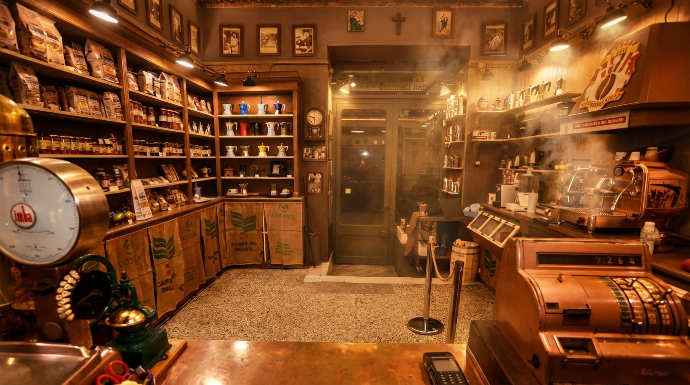 Vista dal bancone della bottega verso l'ingresso